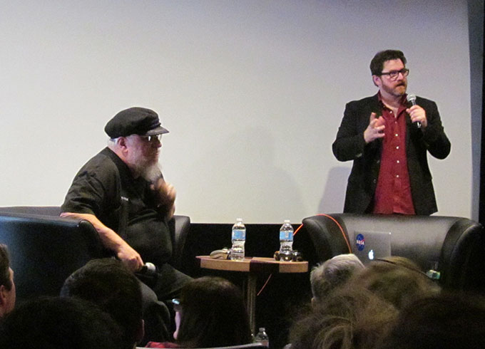 Later, at the Jean Cocteau Cinema, Ernest Cline (R) talked about writing Ready Player One and how Stephen Spielberg is filming it. George R.R. Martin (Game of Thrones) (L) owns the theater.